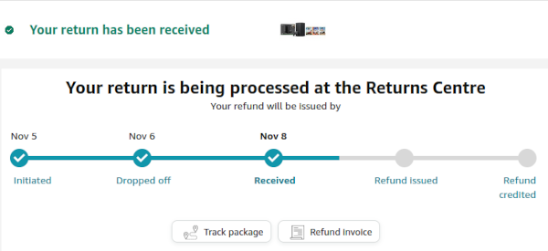 Screenshot of Amazon's refund status view, showing the item as received, but refund not issued