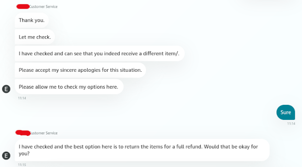 Screenshot of chat with Amazon support. Having looked at my photo they say they can see that I've not received an Xbox and offer to initiate a return