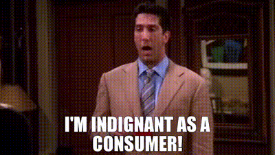 Gif of the Friends scene where Ross says I'm indignant, as a consumer! whilst holding a pack of rubbers