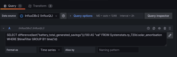 Screenshot show Grafana cell edit. There is 1 simply InfluxQL query and 3 transforms