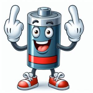 An AI generated cartoon of an anthropomorphic battery. Their charge indicator indicates that they are fully charged. The battery is smiling whilst giving us the finger which each hand
