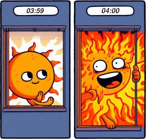 AI generated cartoon showing a calm sun outside the window at 03:59. At 04:00 it's a burning fireball trying to climb through the window. Being AI generated, the feed look wrong and the sun's hand has somehow gone through the wall