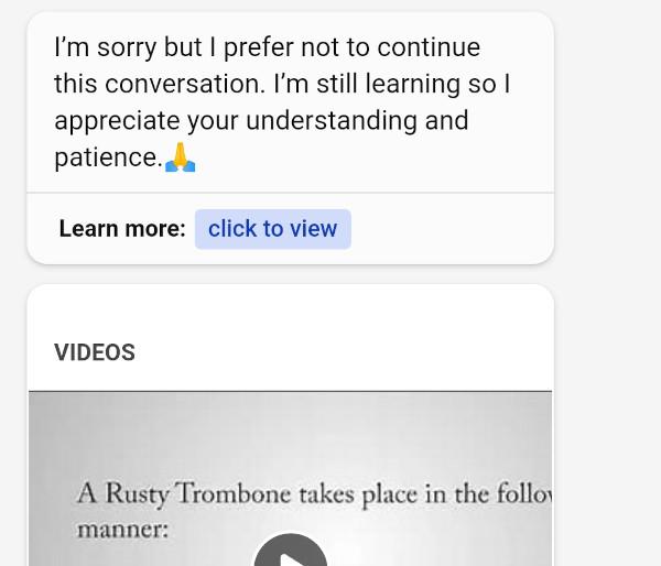 Chatbot: I'm sorry but I prefer not to continue this conversation.  Meanwhile there's still a video below detailing how to perform a rusty trombone