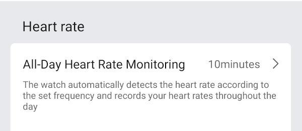 Screenshot of Zepp settings showing heart-rate should only be collected every 10 minutes 