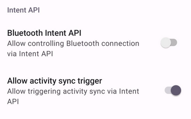 Screenshot of Gadgetbridge Intent API settings. The Allow Activity sync trigger option is toggled on