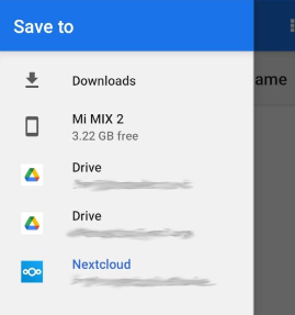 Screenshot of the storage selection screen,  it lists the phone's storage, two Google Drive accounts and a Nextcloud account