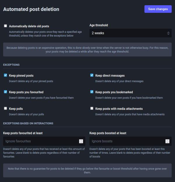 Screenshot of Mastodon's Automated Post Deletion preferences page