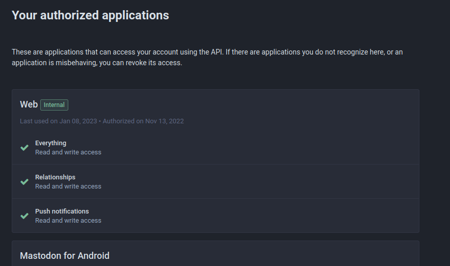Screenshot of Mastodon Authorized Apps configuration view