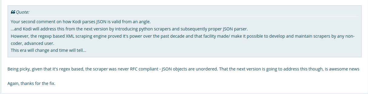 Being picky, given that it's regex based, the scraper was never RFC compliant - JSON objects are unordered. That the next version is going to address this though, is awesome news. Again, thanks for the fix. 