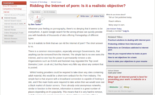 Screenshot of post "Ridding the internet of porn: Is it a realistic objective" on Helium.com. I got ranked 2 of 43