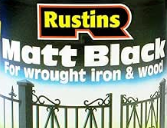 Photo of the front of a tin of Rustin's matt black paint