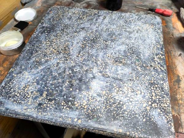 Photo of the newly poured table top after having carnuba wax rubbed over it