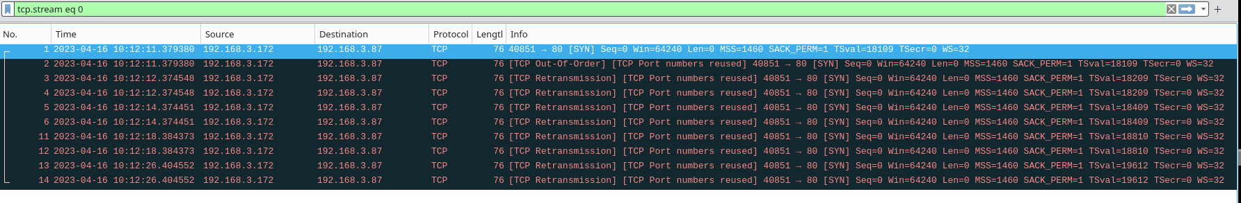 Wireshark screenshot showing repeated SYNs as the server doesn't SYN-ACK