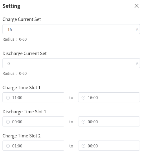 Screenshot of the soliscloud charge schedule interface, details are explained below