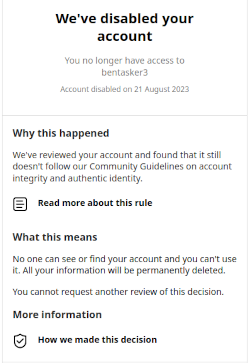 Screen shot of page telling me my account is disabled and will be deleted. It notes that I cannot request another review
